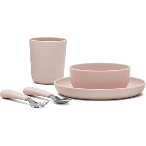 Lalo Big Bites Kids Dinnerware Starter Set - Dishwasher Safe, BPA Free, Kids Tableware Set - Includes Stackable Bowl, Plate, Utensils & Cup - 5 Pieces - Grapefruit