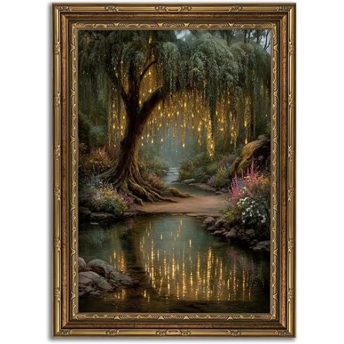 Framed Enchanted Forest Canvas Wall Art, Willow Tree Landscape, 12x16 Inch