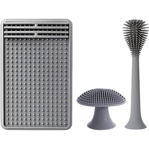ezpz Kitchen Trio Set (Gray) - 100% Silicone + Suctions in Place Drying Rack + Adjustable Pegs +Bottle Brush +Mushroom Sponge with Suction Base- Dishwasher Safe- Durable- Long-Lasting