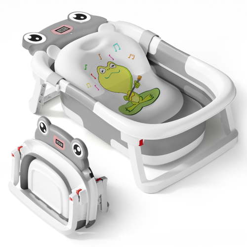 Babyomi Baby Bathtub Portable Baby Tub with Cute Bear Thermometer and Showerhead Holder, Bath Tub Thermostatic Drain Plug and No-Slip Feet Design to Newborn, Grey