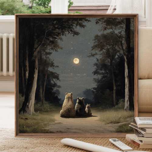 Bear Family Under the Moon – Vintage-style Woodland Print, Whimsical Animal Wall Art, Cozy Rustic Home Decor Poster, Sold UNFRAMED #855