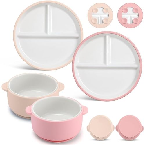 Domensi 4 Pcs Porcelain Kids Plates and Bowls Sets with Suction, 2 Ceramic Toddler Divided Plates 2 Baby Anti Slip Silicone Sleeve Bowls for Feeding Supplies Microwave Dishwasher Safe (Pink,Beige)