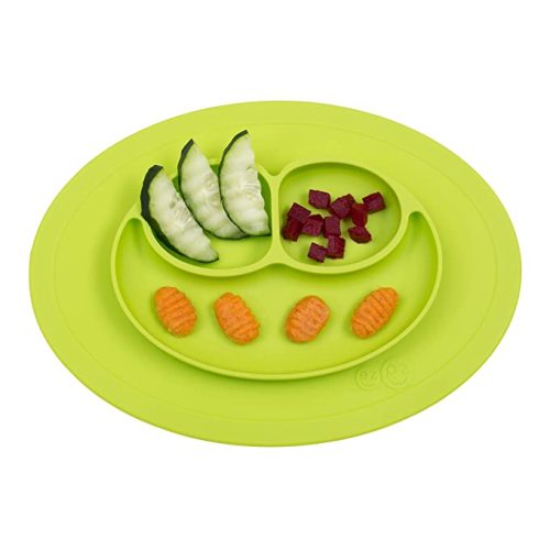ezpz Mini Mat (Lime) - 100% Silicone Suction Plate with Built-in Placemat for Infants + Toddlers - First Foods + Self-Feeding - Comes with a Reusable Travel Bag, One Size 10.75x7.75x1 Inch (Pack of 1)