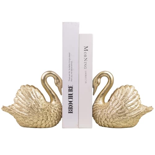 Swan Decorative Bookends,Resin Book Ends for Shelves,Unique Gold Book Holders,Heavy Duty Swan Decor for Home Office Desk Bookshelf,Set of 2,Gifts for Anniversary