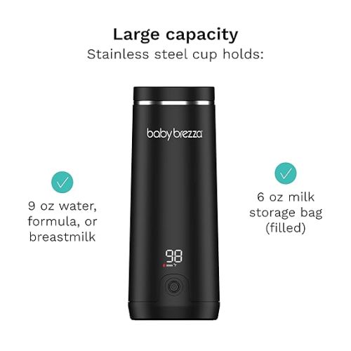 Baby Brezza Portable Warmer – 3X Faster Baby Bottle Warming - Travel Breastmilk and Formula Warmer - Safe, Even Heating - Up to 9oz - No Adapters, Black