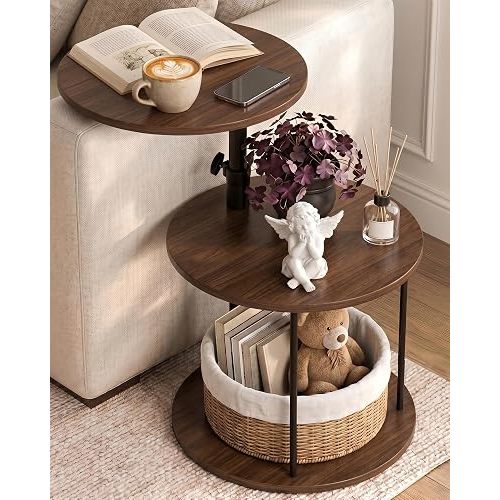 Faesun Swivel Round Table for Couch Arm, Height Adjustable C Shaped End Table for Recliner or Bed, Tv Trays with Storage Shelf for Small Spaces- Small Nightstand for Living Room, Bedroom, Walnut