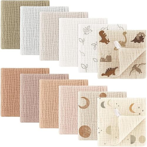 Bearmoss Muslin Baby Washcloths 100% Cotton Baby Bath Wash Cloth Ultra-Absorbent Burp Cloth Soft Baby Face Towel for Newborn Baby Boy and Girl, 10x10inch 12Pack (Pink & Purple)