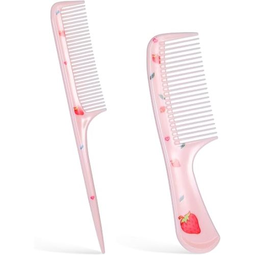 Toddler Comb,2 Pcs Small Cute Hair Comb, Mini Baby Hair Combs Set Fine Tooth Rat Tail Combs for Women Portable Anti-Static Plastic Tools for Girls Curly Straight Long Hairs Wet Dry (Pink Strawberry)