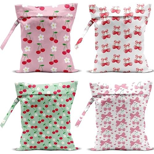 4 Pack Cute Flower Bow Cherry Wet Bag Waterproof Washable Reusable Wet Dry Bag for Swimsuit Bathing Clothes Soiled Items Cloth Diaper Travel BeachYoga Gym Toiletries Travel Beach Essentials