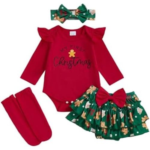 BeQeuewll Newborn Baby Girl Christmas Outfit 1st Christmas Clothes Long Sleeve Romper+Bloomers Tutu Skirt+Socks+Headband 4Pcs