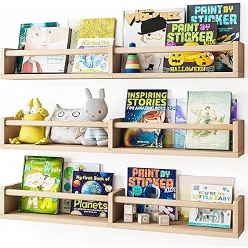 Fixwal Nursery Bookshelves, 32in Floating Bookshelves for Wall Set of 3, Wood Wall Mounted Book Shelves for Baby Nursery Decor, Toys and Decor Storage (Natural Wood)