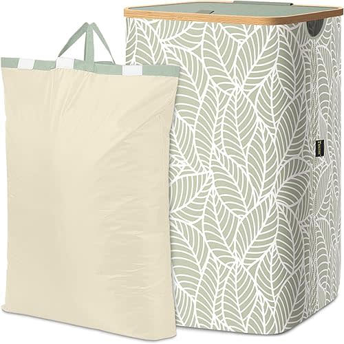 BALEINE Laundry Hamper with Lid, Tall Laundry Baskets with Bamboo Pull Handles, Large Laundry Bin with Internal Support (26 Gal/100L, Antique Foliage)