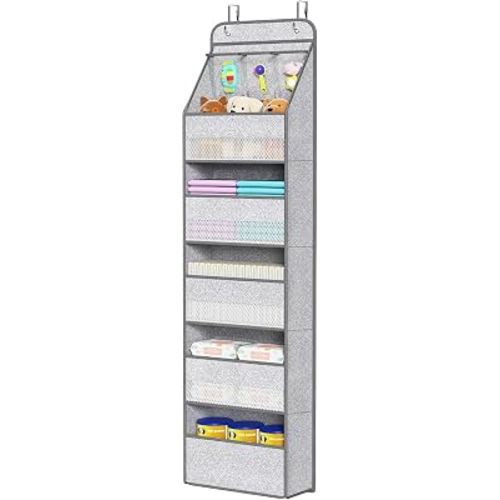 Univivi Over Door Hanging Organizer for Baby Nursery, Grey Pattern, 6-Shelf | Door Storage with Large Capacity Breathable Mesh Pockets, Fabric Over Door Organizer for Baby Essential, Bedroom and Dorm