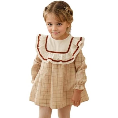Twoflower Toddler Girls Vintage Plaid Dress | Soft Cotton Princess Ruffle Dress with Bow | Long Sleeve Fall Heirloom Outfit