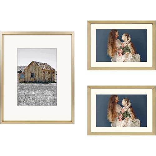 Golden State Art, Gold 1 Pack 8x10 Picture Frame and 2 Pack 5x7 Picture Frame - Displays Photos for 5x7 or 4x6 inches With Mat - or 8x10 or 5x7 inches Without Mat - Resistant Glass Aluminum Photo Fram