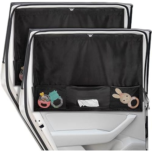 Car Window Shades, 2 Pcs 5 Suction Cups Car Sun Shade for Baby with Car Tissue Holder & Storage Net Pocket for Heat/UV Protection Sun Block Covers, Car Camping Accessories