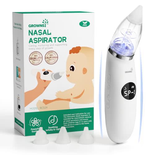 GROWNSY Baby Nasal Aspirator,Ergonomic Nose Sucker with Music & Light,White | 3 Food-Grade Silicone Tips, Ambient Light & Soothing Music, Larger Suction Chamber, Rounded Body Design for Safe Gentle Use