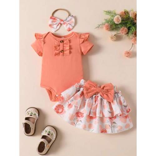 Souflis Souflis 3pcs Baby Girl Sweet Cute Cap Sleeve Flounce Bodysuit, Floral Print Bowknot Bodysuit & Skirt Set, Bow Headband, Summer | SHEIN USA