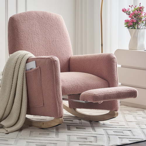 Rocking Chair Nursery Glider Chair with Adjustable FootRest, Nursery Rocking Chairs with Wood Legs Side Pocket, Teddy High Back Nursing Chair, for Living Room, Bedroom, Cozy Reading, Pink