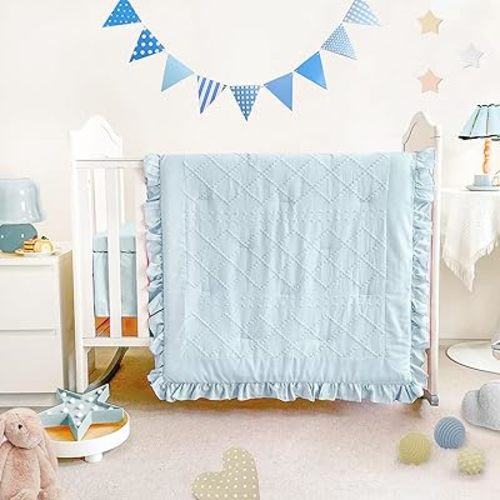 Wowelife Baby Crib Bedding Set for Girls, 3 Piece Boho Crib Comforter Set Ruffle, Baby Boy Crib Bedding Set Nursery Blanket Set Neutral Include Quilted Comforter, Crib Skirt and Sheet, Blue