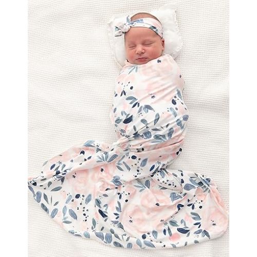 Baby Receiving Blanket Swaddle Blanket Infant Wrap with Matching Headband Beanie and Name Card (Ink and Pink)