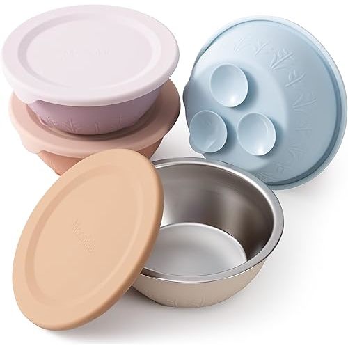Moonkie Baby Suction Bowls for Self-Feeding: 3 Strong Suction Bases Prevent Spills - Seamless One-Piece Design for Easy Cleanup - Stainless Steel & Silicone Toddler Bowls with Lids - 13 oz 4 Pack