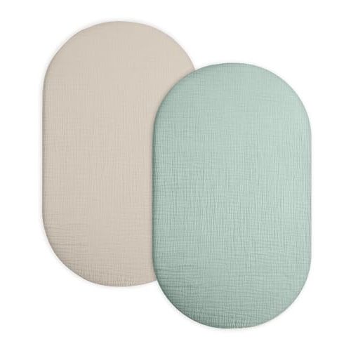 Bassinet Sheet for Baby Boy Girl 2 Pack, Fitted Sheets for Rectangle, Oval, Hourglass Bassinet Mattress, Muslin Moses Basket Sheets (Beige & Sage, Bassinet Sheet)