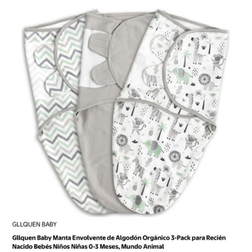 GLLQUEN BABY Organic Cotton Swaddle 3-Pack for Newborn 0-3 Months Unisex Animal World