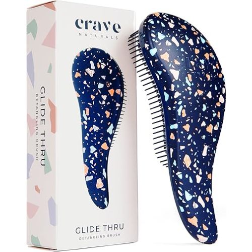 Crave Naturals Glide Thru Hair Brush - Detangler Brush for Curly, Straight, Wet or Dry Hair - Gentle Detangling Brushes for Adults, Kids, Toddlers - Hair Accessories for Women, 7.5"x3" - Terazzo
