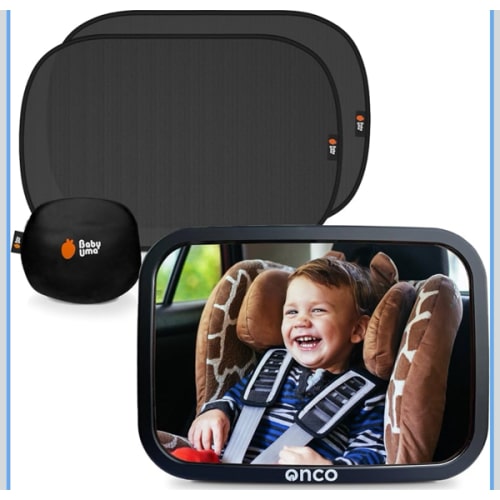 Onco Baby Car Mirror & Car Window Shades Bundle (18.9″ × 12″) - UPF 50+ Window Shade, 100% Shatter-Proof Car Mirror for Baby, Universal Shades & Mirror