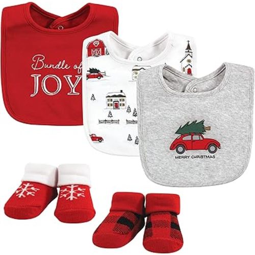 Hudson Baby Unisex Baby Cotton Bib and Sock Set, Christmas Scene, One Size