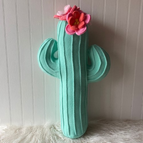 Sea Green Blooming Cactus Pillow, Saguaro, Plush Cactus