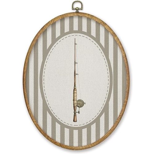 CGBHW Vintage Fishing Boy Nursery Oval Wall Art Decor, Kids Room Canvas Prints Framed, Neutral Striped Fishing Rod Wall Art Hanging Decor for Home Kitchen Kids Boy Nursery Room Bedroom Playroom, 8.6x11.4 Inch