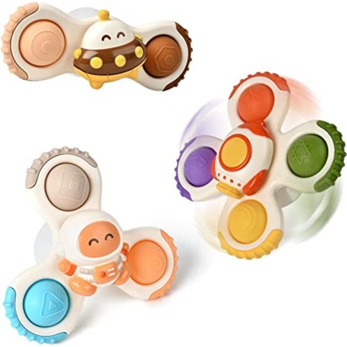 HCFJEH Suction Cup Spinner Toys, Baby Montessori Sensory Educational Learning Toy, Infant Bath Teething Travel Fidget Toy, Toddler First Birthday for 6 9 12 18 Months Age 1 2 3 Old Boys Girls - Space