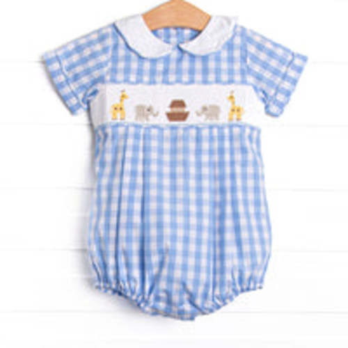 Noah's Ark Smocked Collared Bubble, Blue – Stitchy Fish