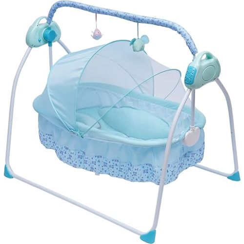 TFCFL Electric Baby Crib Cradle, 5-Speed Baby Bassinet Auto Rocking Chair Bed with Controller & Timer, Infant Musical Sleeping Basket for 0-18 Months Newborn Babies 55LBS Capacity (Blue)