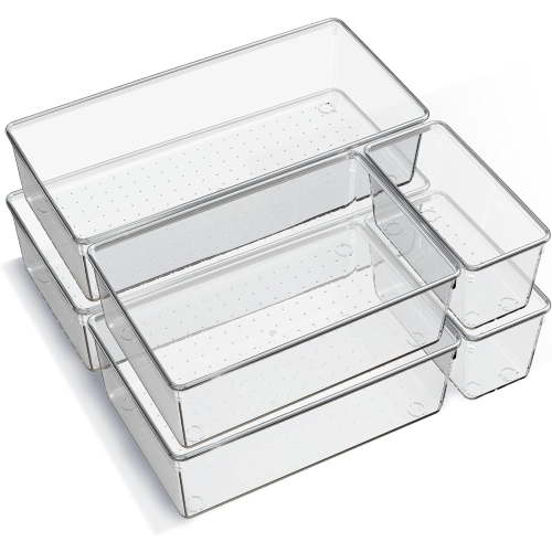 6 Pack Large Clear Plastic Drawer Organizer Trays, Acrylic Kitchen Drawer Organization and Storage Dividers, Non-Slip Storage Bins for Makeup, Kitchen Utensils, Bathroom, Jewelries and Office Desk