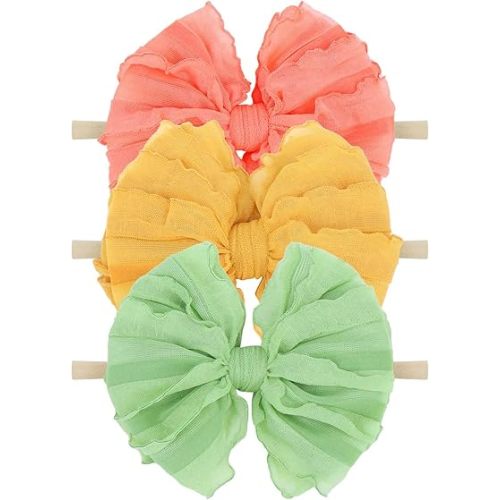 Lace Big Bows Baby Headbands Elastic Hairbands Hair Bows Children Soft Hair Accessories Newborn Infant Toddlers Yellow Peach Light Green 3 PCS