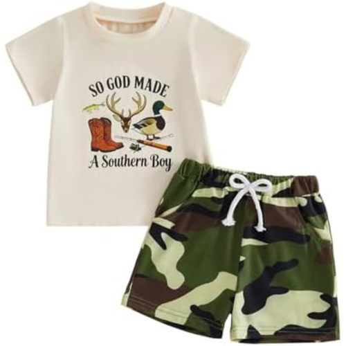 Toddler Baby Boy Fishing/Hunting Outfit Graphic Letter Short Sleeve T-Shirt Camouflage Shorts Set
