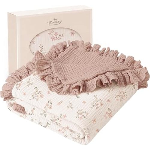 Konssy 100% Cotton Muslin Baby Blanket with Ruffle Trim for Girls, 43"x39"