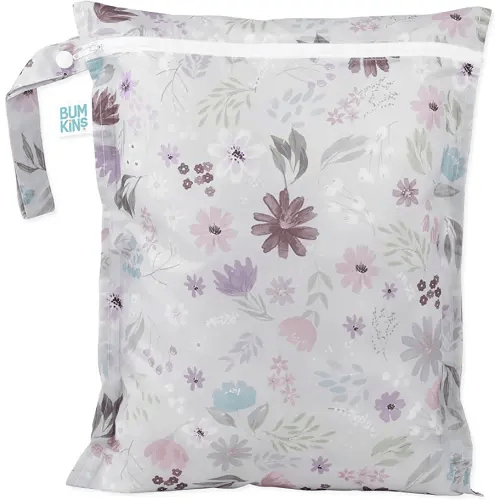 Bumkins Waterproof Wet Bag for Baby, Travel, Swim Suit, Cloth Diapers, Pump Parts, Pool, Beach, Gym Clothes, Toiletry, Hook to Stroller, Daycare, Zipper Reusable Wetdry Packing Pouch, Florals Gray