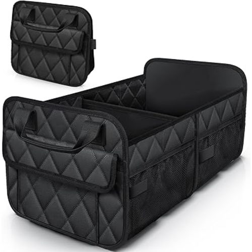 HOTOR Trunk Organizer for SUV – Foldable & Portable Car Organizers and Storage with 2 Compartments, Large Capacity Car Trunk Organizer Car Accessories for Truck Sedan, Black, 23.6" x 14.2" x 11.8"