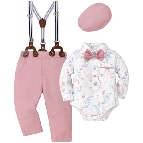 SOLOYEE Baby Boy Clothes Suits 0-24M Infant Gentleman Outfit Long Sleeve Dress Shirt+Suspender Pants+Bowtie+Beret Wedding Set