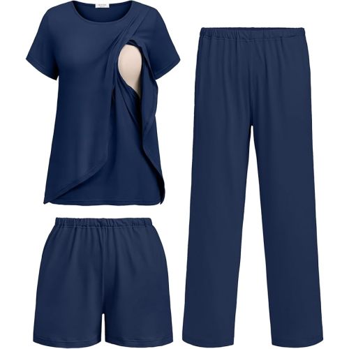 Ekouaer 3 PCS Maternity Nursing Pajamas Set Postpartum Breastfeeding Short Sleeve Shirts, Pregnancy Shorts & Pants Pjs Navy Blue XL