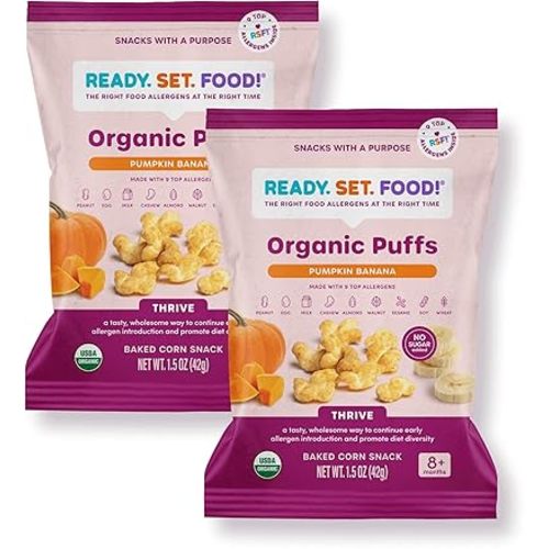 Ready, Set, Food! Organic Puffs – Early Allergen Introduction Snack Puffs w/ 9 Top Allergens: Organic Peanuts, Cashew, Egg & More, No Added Sugar, Babies 8+ Months (Pumpkin Banana, 2 Pack)