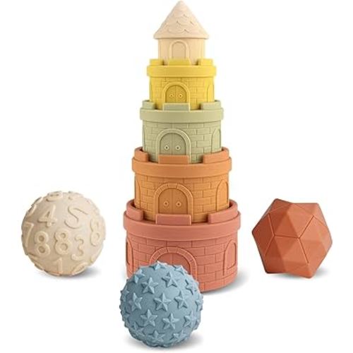 Baby Stacking Cups & Sensory Ball Set, Textured Sensory Toys for Babies, Soft Castle Nesting Blocks, Newborn Teether & Bath Toys 6-12 Months, 8 PCS Montessori Learning Gifts for Toddlers 1-3
