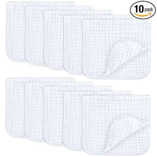 Comfy Cubs Muslin Burp Cloths 20" x 10", Pack of 10 - Large, 6-Layer, Ultra Absorbent 100% Cotton for Baby Drool and Messes - Soft, Safe & Gentle Baby Burp Cloths for Boys & Girls - White