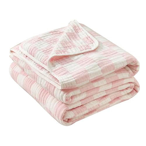 Ultra Soft Cozy Cotton 6-Layer Muslin Baby Blanket 41" x41 Breathable Lightweight Pink Checkered Swaddle Blanket for Baby Girls Essentials Birthday Gifts All Seasons Both Sides