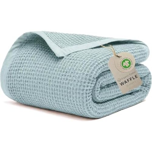 GOTS Certified 55"X60" Throw 100% Organic Cotton Waffle Blanket-Silver Blue