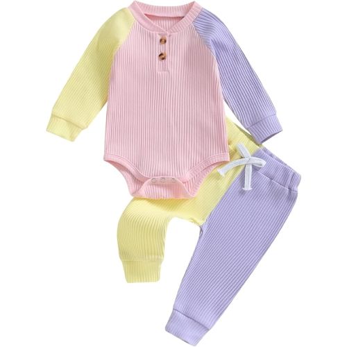 Baby Girl Fall Outfits Contrast Color Ribbed Stretchy Romper Long Pants Newborn Clothes Infant Set